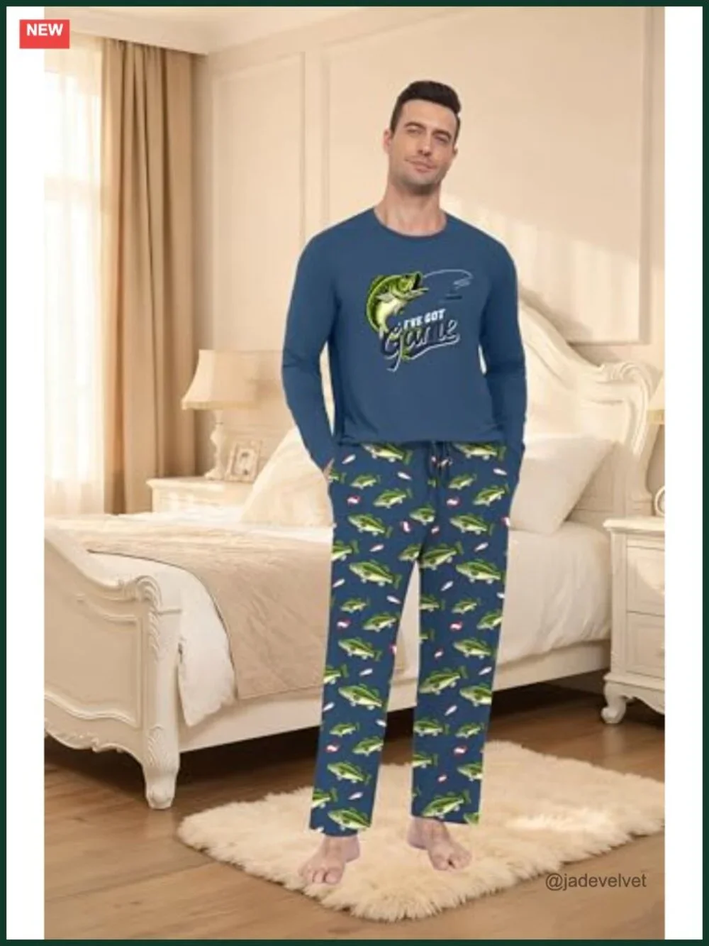Men's Fishing Bass Pajama Set Long Sleeve Lightweight Sleepwear Loungewear